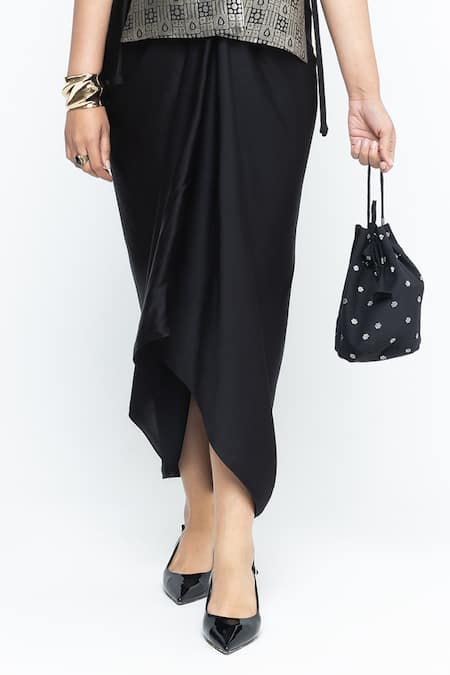 Buy_SOBARIKO_Black Silk V-neck Alia Brocade Gilet With Asymmetric Dress _Online_at_Aza_Fashions