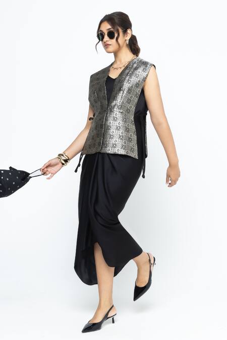 Shop_SOBARIKO_Black Silk V-neck Alia Brocade Gilet With Asymmetric Dress _Online_at_Aza_Fashions