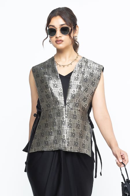 SOBARIKO_Black Silk V-neck Alia Brocade Gilet With Asymmetric Dress _at_Aza_Fashions