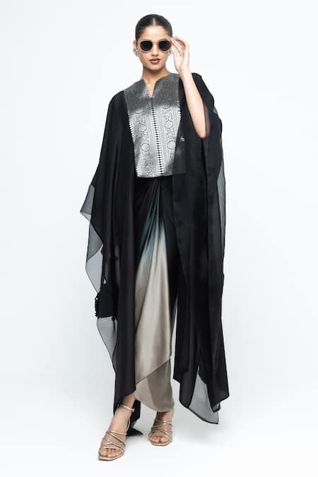 SOBARIKO Black Silk V-neck Onaya Cape And Skirt Set Online at Aza Fashions SOBARIKO_Black Silk V-neck Onaya Cape And Skirt Set _Online_at_Aza_Fashions