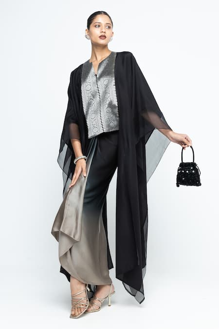 Shop SOBARIKO Black Silk V-neck Onaya Cape And Skirt Set Online at Aza Fashions Shop_SOBARIKO_Black Silk V-neck Onaya Cape And Skirt Set _Online_at_Aza_Fashions