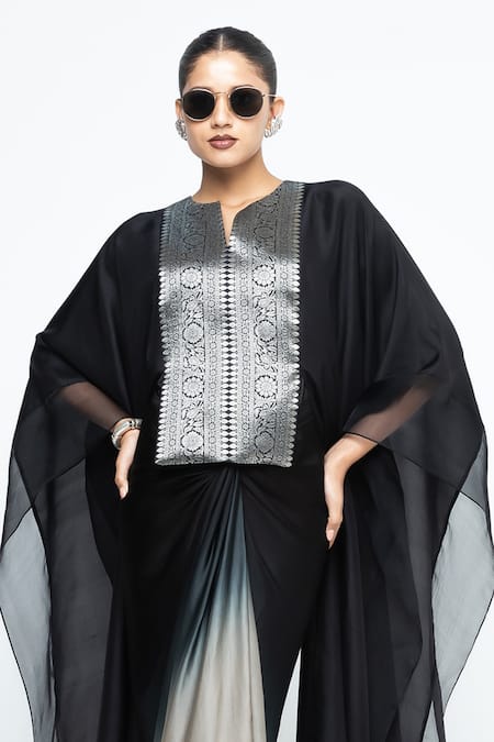 Buy SOBARIKO Black Silk V-neck Onaya Cape And Skirt Set Buy_SOBARIKO_Black Silk V-neck Onaya Cape And Skirt Set