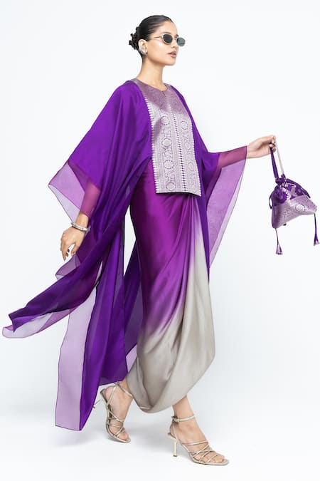 SOBARIKO_Purple Silk V-neck Onaya Cape And Skirt Set _Online_at_Aza_Fashions