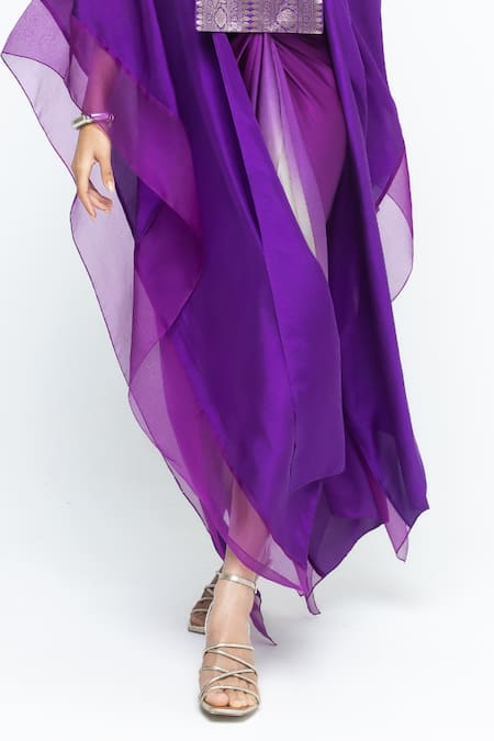 SOBARIKO_Purple Silk V-neck Onaya Cape And Skirt Set _at_Aza_Fashions