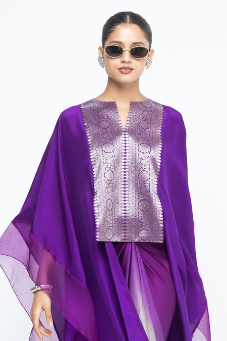 Buy_SOBARIKO_Purple Silk V-neck Onaya Cape And Skirt Set 