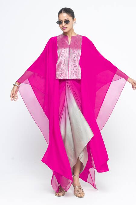 SOBARIKO_Pink Silk Split V-neck Onaya Cape And Ombre Skirt Set _Online_at_Aza_Fashions