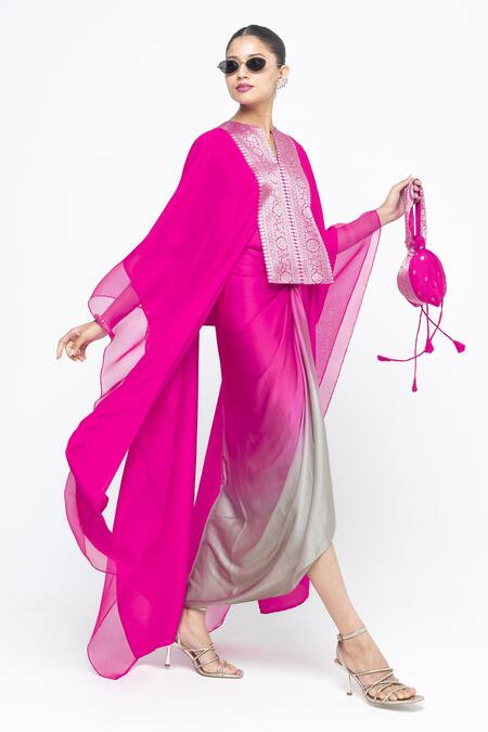 Buy_SOBARIKO_Pink Silk Split V-neck Onaya Cape And Ombre Skirt Set _Online_at_Aza_Fashions