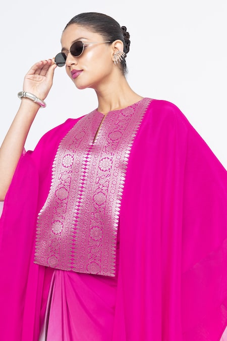 Shop_SOBARIKO_Pink Silk Split V-neck Onaya Cape And Ombre Skirt Set _Online_at_Aza_Fashions