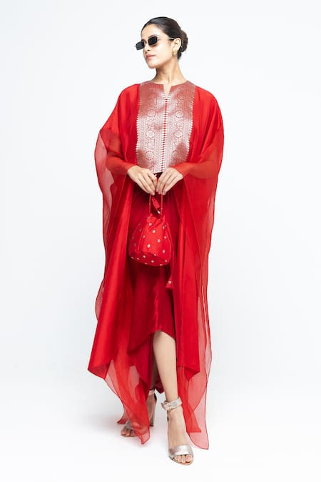 SOBARIKO Red Silk V-neck Onaya Cape And Skirt Set at Aza Fashions SOBARIKO_Red Silk V-neck Onaya Cape And Skirt Set _at_Aza_Fashions