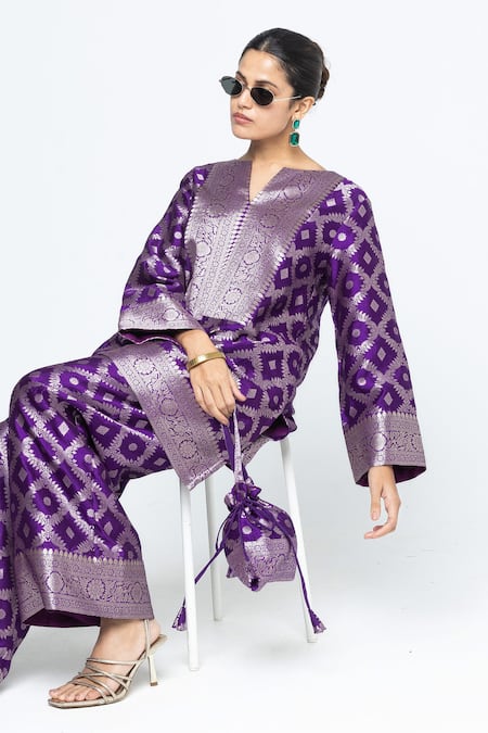 SOBARIKO_Purple Silk Zari V-neck Heera Brocade Jaal Kurta With Pant _Online_at_Aza_Fashions