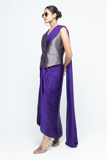 SOBARIKO_Purple Modal, Satin, Brocade, Silk Zari V-neck Kiara Waistcoat Skirt Set _Online_at_Aza_Fashions