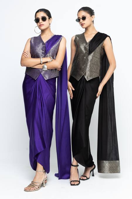 Buy_SOBARIKO_Purple Modal, Satin, Brocade, Silk Zari V-neck Kiara Waistcoat Skirt Set _Online_at_Aza_Fashions