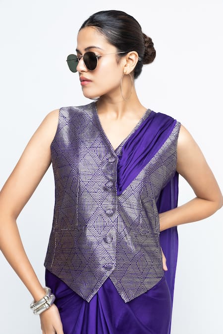 Shop_SOBARIKO_Purple Modal, Satin, Brocade, Silk Zari V-neck Kiara Waistcoat Skirt Set _Online_at_Aza_Fashions