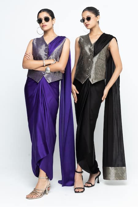 SOBARIKO_Black Modal, Satin, Brocade, Silk Metallic Thread Kiara Waistcoat Skirt Set _Online_at_Aza_Fashions