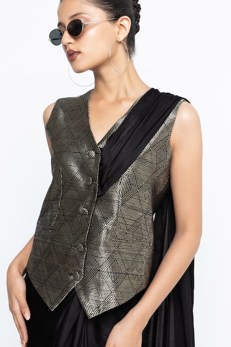 Buy_SOBARIKO_Black Modal, Satin, Brocade, Silk Metallic Thread Kiara Waistcoat Skirt Set _Online_at_Aza_Fashions