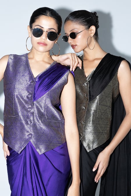 Shop_SOBARIKO_Black Modal, Satin, Brocade, Silk Metallic Thread Kiara Waistcoat Skirt Set _Online_at_Aza_Fashions