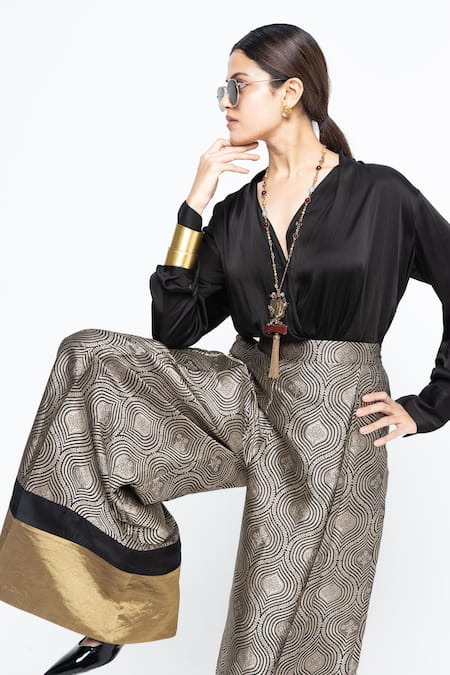 SOBARIKO_Black Silk, Modal, Satin V-neck Metallic Brocade Pant Set _Online_at_Aza_Fashions