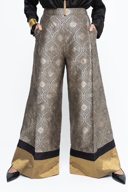 Buy_SOBARIKO_Black Silk, Modal, Satin V-neck Metallic Brocade Pant Set _Online_at_Aza_Fashions