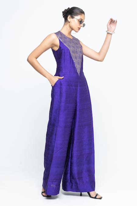 SOBARIKO Purple Silk Zari Round Neck Reha Woven Jumpsuit Online at Aza Fashions SOBARIKO_Purple Silk Zari Round Neck Reha Woven Jumpsuit _Online_at_Aza_Fashions