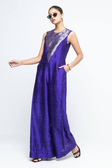 Buy SOBARIKO Purple Silk Zari Round Neck Reha Woven Jumpsuit Online at Aza Fashions Buy_SOBARIKO_Purple Silk Zari Round Neck Reha Woven Jumpsuit _Online_at_Aza_Fashions