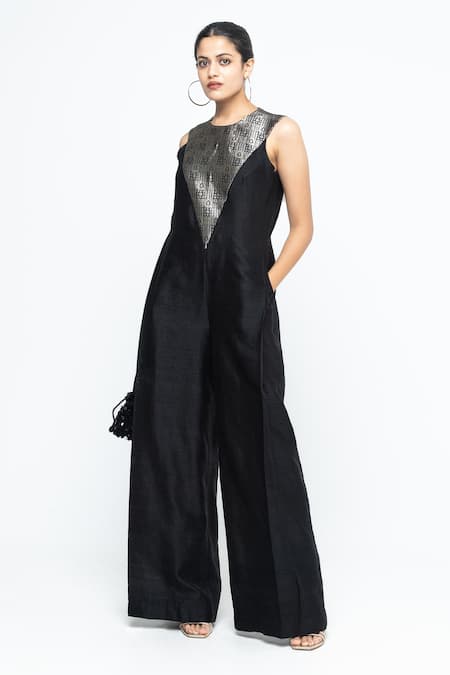 Buy SOBARIKO Black Silk Round Neck Reha Woven Jumpsuit Online at Aza Fashions Buy_SOBARIKO_Black Silk Round Neck Reha Woven Jumpsuit _Online_at_Aza_Fashions
