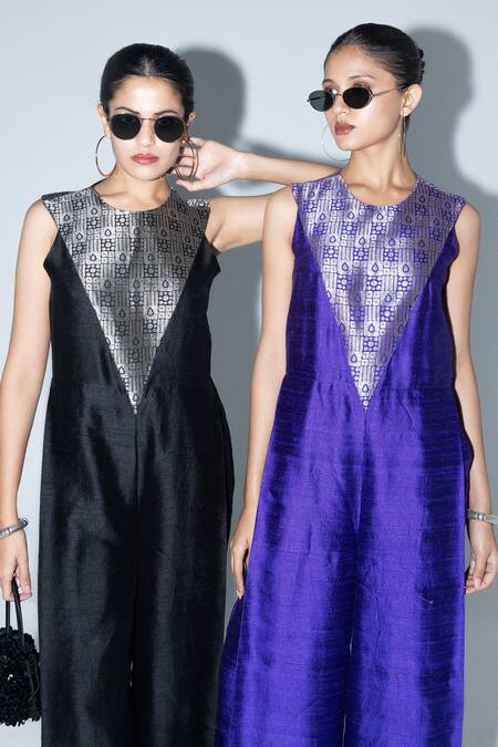 Shop SOBARIKO Black Silk Round Neck Reha Woven Jumpsuit Shop_SOBARIKO_Black Silk Round Neck Reha Woven Jumpsuit