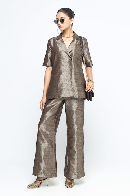 SOBARIKO_Brown Silk Metallic Thread Wrap Blazer Pant Set _Online_at_Aza_Fashions