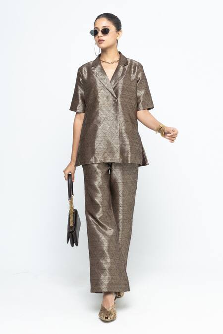 Buy_SOBARIKO_Brown Silk Metallic Thread Wrap Blazer Pant Set _Online_at_Aza_Fashions