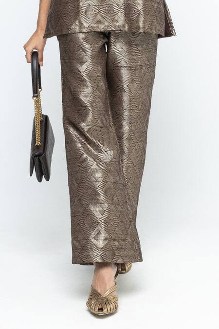 Shop_SOBARIKO_Brown Silk Metallic Thread Wrap Blazer Pant Set _Online_at_Aza_Fashions