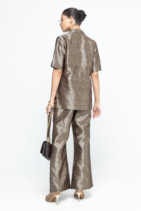 SOBARIKO Metallic Brown Wrap Blazer Pant Set