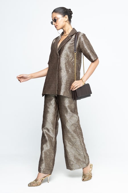 SOBARIKO_Brown Silk Metallic Thread Wrap Blazer Pant Set _at_Aza_Fashions