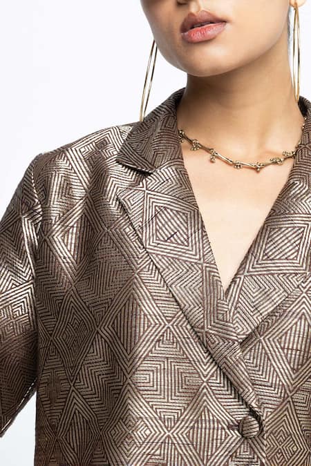 Buy_SOBARIKO_Brown Silk Metallic Thread Wrap Blazer Pant Set 