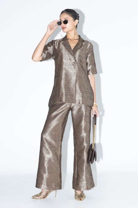 Shop_SOBARIKO_Brown Silk Metallic Thread Wrap Blazer Pant Set 
