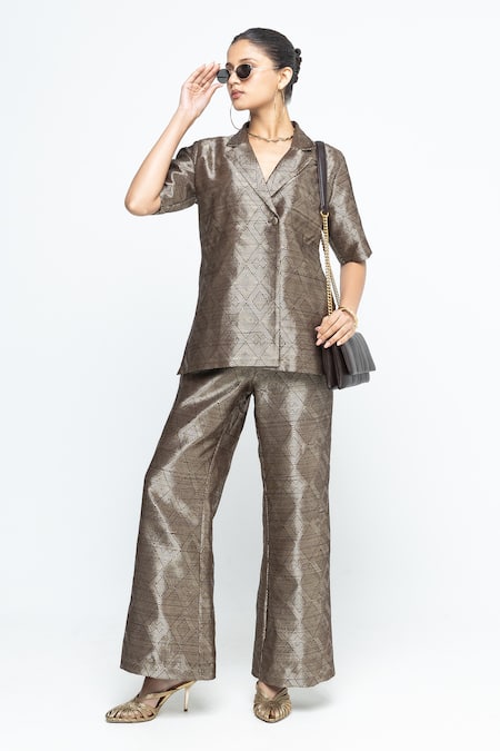 SOBARIKO Metallic Brown Wrap Blazer Pant Set
