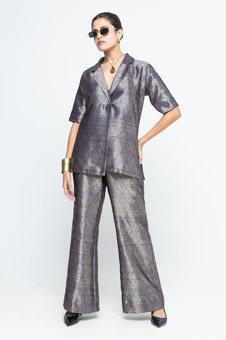 SOBARIKO Metallic Purple Wrap Blazer Pant Set