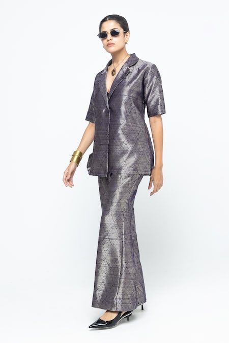 SOBARIKO_Purple Silk Metallic Thread Wrap Blazer Pant Set _Online_at_Aza_Fashions