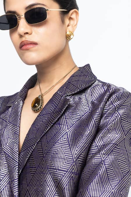 Buy_SOBARIKO_Purple Silk Metallic Thread Wrap Blazer Pant Set _Online_at_Aza_Fashions