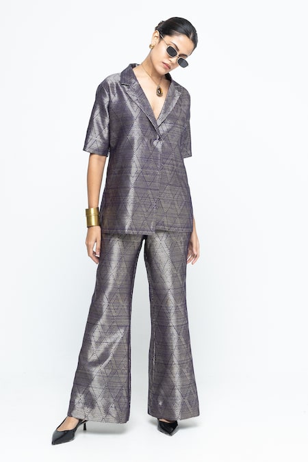Shop_SOBARIKO_Purple Silk Metallic Thread Wrap Blazer Pant Set _Online_at_Aza_Fashions