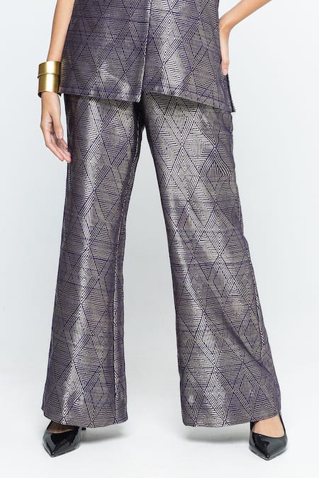 SOBARIKO_Purple Silk Metallic Thread Wrap Blazer Pant Set _at_Aza_Fashions