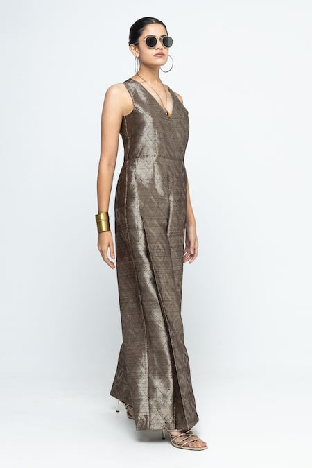 SOBARIKO Brown Silk V-neck Sera Metallic Jumpsuit Online at Aza Fashions SOBARIKO_Brown Silk V-neck Sera Metallic Jumpsuit _Online_at_Aza_Fashions