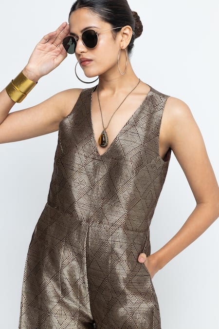 Shop SOBARIKO Brown Silk V-neck Sera Metallic Jumpsuit Online at Aza Fashions Shop_SOBARIKO_Brown Silk V-neck Sera Metallic Jumpsuit _Online_at_Aza_Fashions