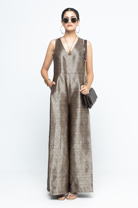 SOBARIKO Brown Silk V-neck Sera Metallic Jumpsuit at Aza Fashions SOBARIKO_Brown Silk V-neck Sera Metallic Jumpsuit _at_Aza_Fashions