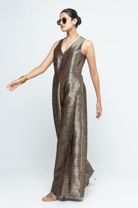 Buy SOBARIKO Brown Silk V-neck Sera Metallic Jumpsuit Buy_SOBARIKO_Brown Silk V-neck Sera Metallic Jumpsuit