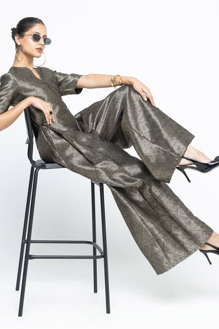 SOBARIKO Black Silk V-neck Sera Metallic Jumpsuit Online at Aza Fashions SOBARIKO_Black Silk V-neck Sera Metallic Jumpsuit _Online_at_Aza_Fashions