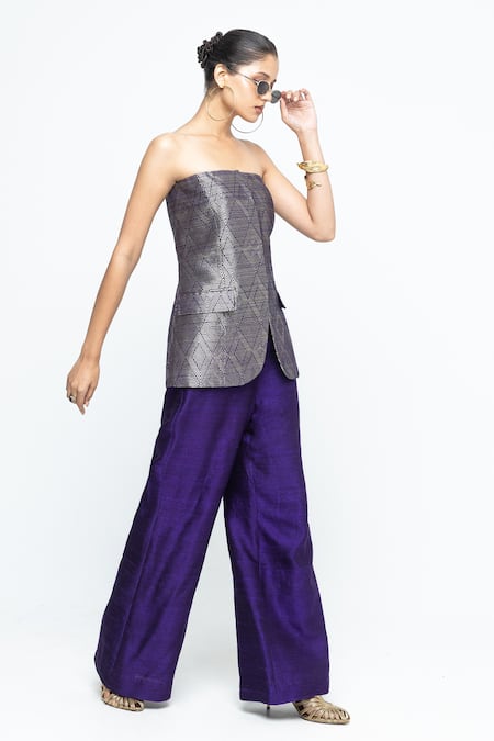 SOBARIKO Purple Silk Bandeau Neck Tiya- Tube Jacket Set Online at Aza Fashions SOBARIKO_Purple Silk Bandeau Neck Tiya- Tube Jacket Set _Online_at_Aza_Fashions