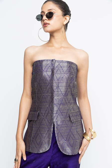 SOBARIKO Purple Silk Bandeau Neck Tiya- Tube Jacket Set at Aza Fashions SOBARIKO_Purple Silk Bandeau Neck Tiya- Tube Jacket Set _at_Aza_Fashions