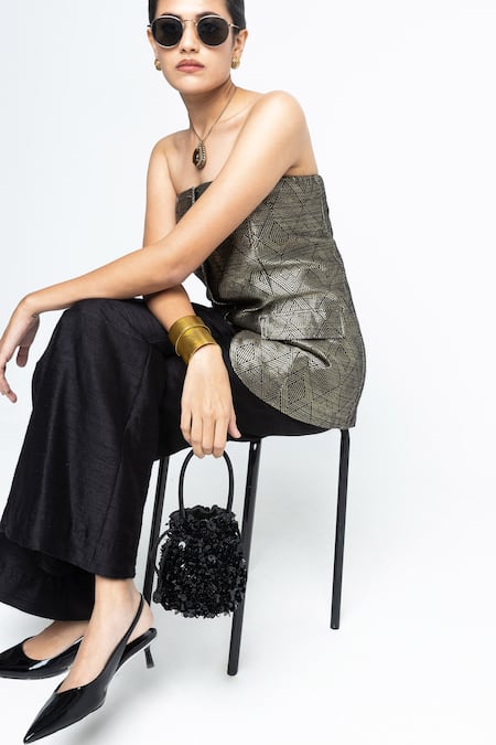 SOBARIKO Black Silk Bandeau Neck Tiya Tube Jacket And Pant Set Online at Aza Fashions SOBARIKO_Black Silk Bandeau Neck Tiya Tube Jacket And Pant Set _Online_at_Aza_Fashions