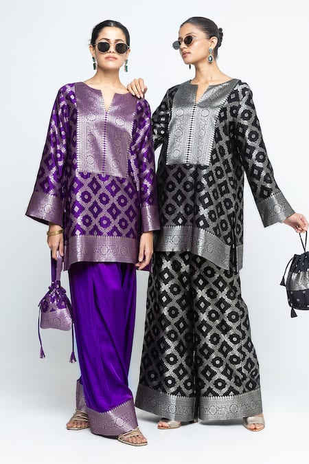 Buy SOBARIKO Purple Silk, Modal, Satin Metallic Seerat Brocade Jaal Kurta With Farshi Pant Online at Aza Fashions Buy_SOBARIKO_Purple Silk, Modal, Satin Metallic Seerat Brocade Jaal Kurta With Farshi Pant _Online_at_Aza_Fashions