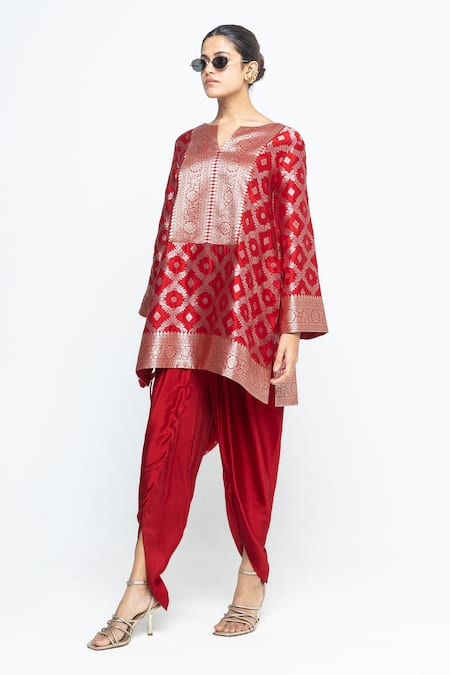 SOBARIKO Red Silk, Modal, Satin Zari, Embroidery Heer Brocade Jaal Kurta With Dhoti Pant at Aza Fashions SOBARIKO_Red Silk, Modal, Satin Zari, Embroidery Heer Brocade Jaal Kurta With Dhoti Pant _at_Aza_Fashions