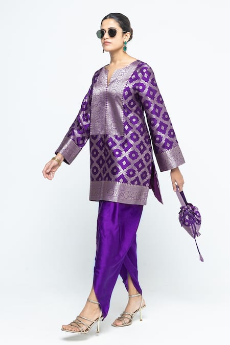 SOBARIKO Purple Silk, Modal, Satin Zari, Heer Brocade Jaal Kurta With Dhoti Pant Online at Aza Fashions SOBARIKO_Purple Silk, Modal, Satin Zari, Heer Brocade Jaal Kurta With Dhoti Pant _Online_at_Aza_Fashions